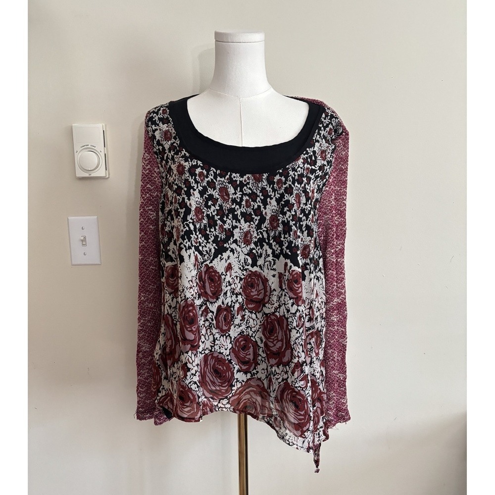 Y2K Poeme by Citron Top Large Grunge Goth 90s 2000s Black Red Floral Stretch